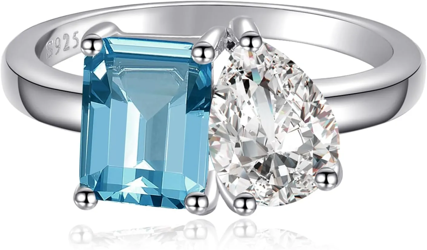 Toi Et Moi 925 Sterling Silver Women Engagement Ring 14K Gold Plated 1.5ct 6x8mm Double Stone Emerald & Pear Aquamarine Cut Wedding Band Width 2mm Size 5-9