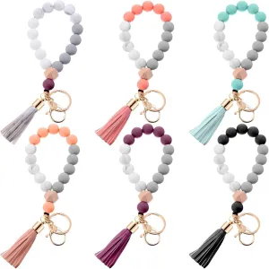 Tondiamo 6 Pcs Silicone Wristlet Keychain for Women Cute Car Key Ring Bracelet Beaded Bangle Chains with Leather Tassel