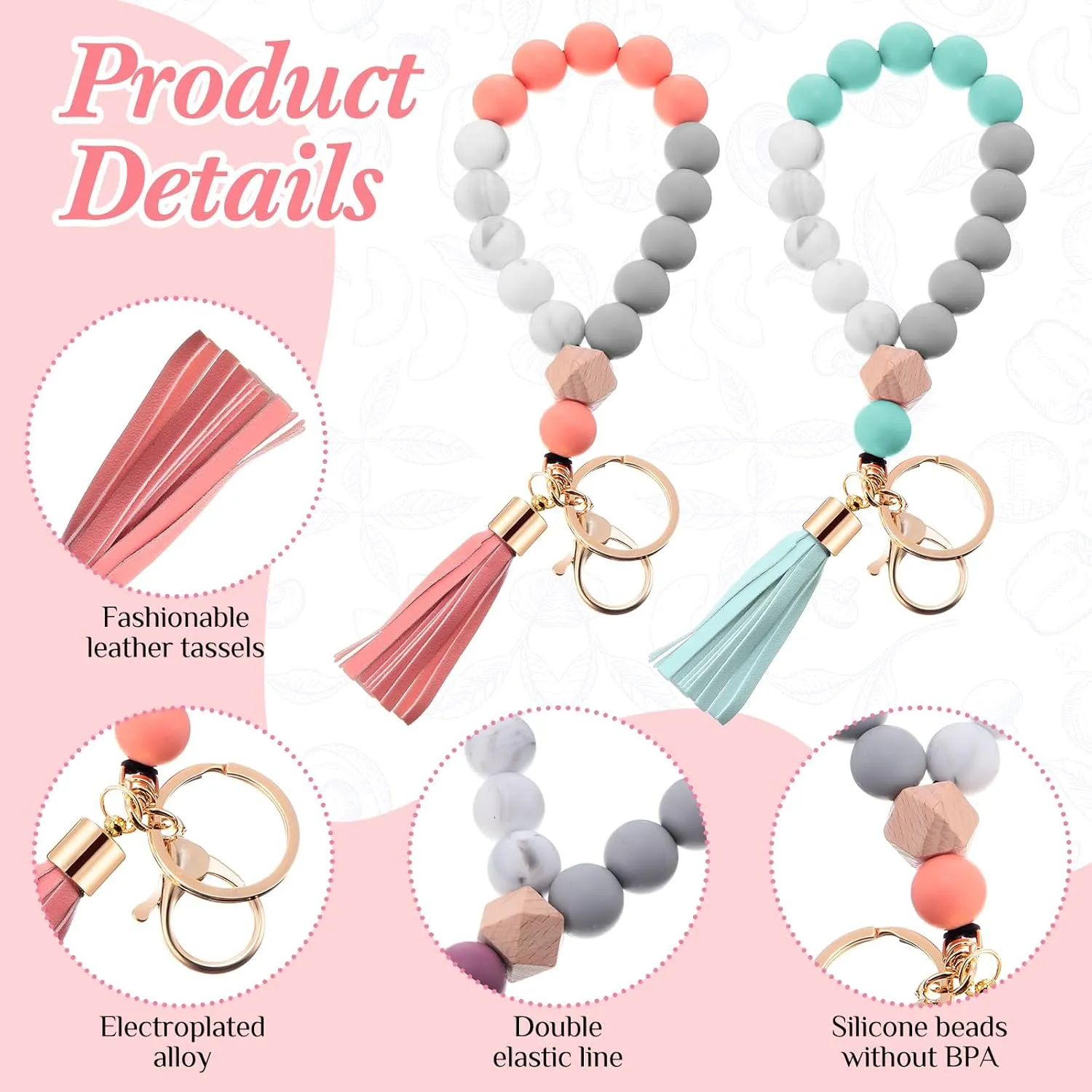 Tondiamo 6 Pcs Silicone Wristlet Keychain for Women Cute Car Key Ring Bracelet Beaded Bangle Chains with Leather Tassel
