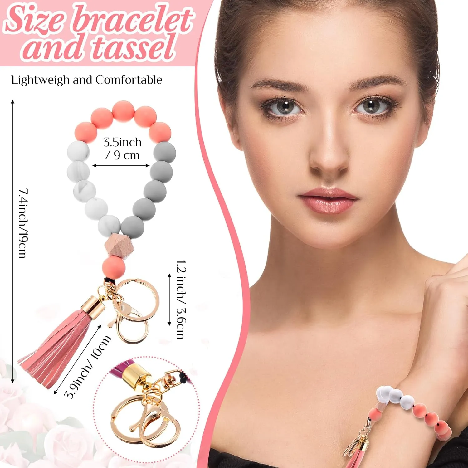 Tondiamo 6 Pcs Silicone Wristlet Keychain for Women Cute Car Key Ring Bracelet Beaded Bangle Chains with Leather Tassel