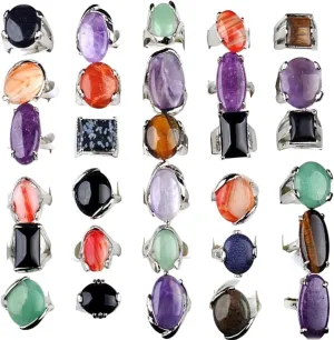 TripleHub 20Pcs Mixed Vintage Statement Ring Stone Crystal Glass Rings Silver Plated Colorful Gemstones Ring Lots Jewelry Lot Accessories