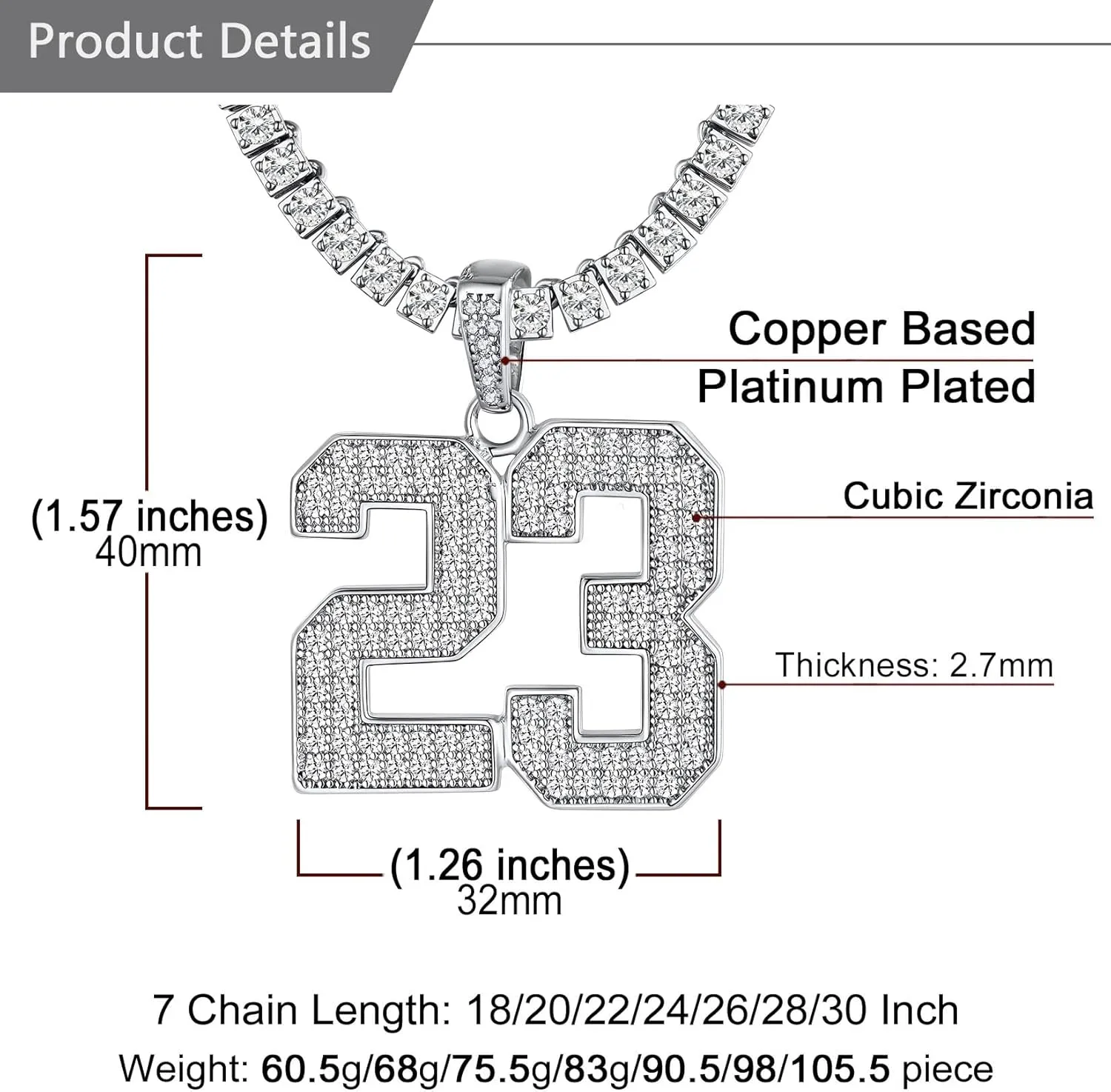 U7 Initial Number Necklace for Men Women, 18K Gold Plated Bling CZ Iced Out Hip Hop Jersey Number Pendant A-Z 26 Letter Necklace, Number 0-9 Pendants with Chain