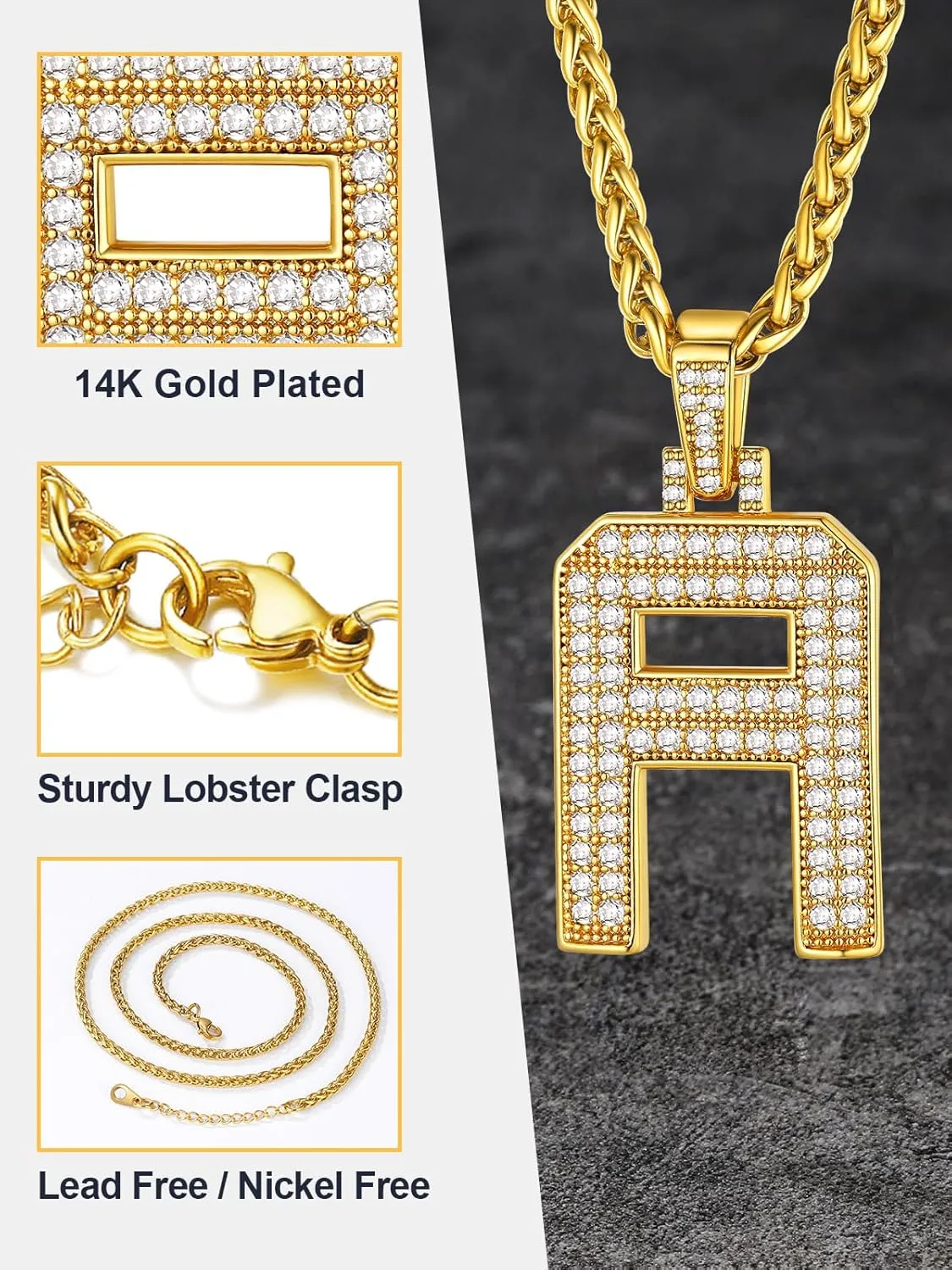 U7 Initial Number Necklace for Men Women, 18K Gold Plated Bling CZ Iced Out Hip Hop Jersey Number Pendant A-Z 26 Letter Necklace, Number 0-9 Pendants with Chain