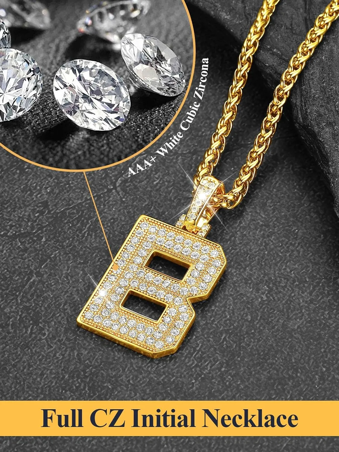 U7 Initial Number Necklace for Men Women, 18K Gold Plated Bling CZ Iced Out Hip Hop Jersey Number Pendant A-Z 26 Letter Necklace, Number 0-9 Pendants with Chain