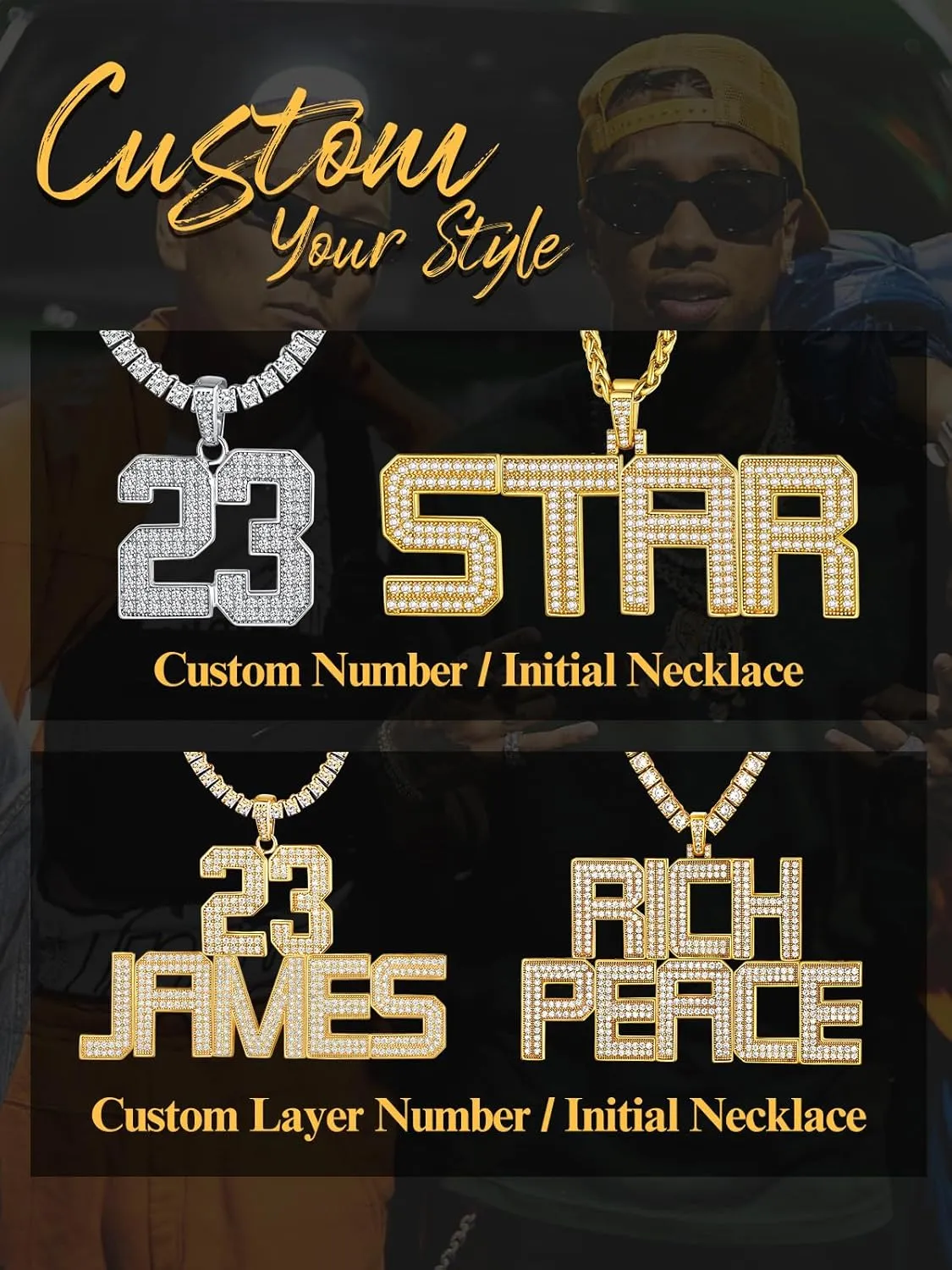 U7 Initial Number Necklace for Men Women, 18K Gold Plated Bling CZ Iced Out Hip Hop Jersey Number Pendant A-Z 26 Letter Necklace, Number 0-9 Pendants with Chain