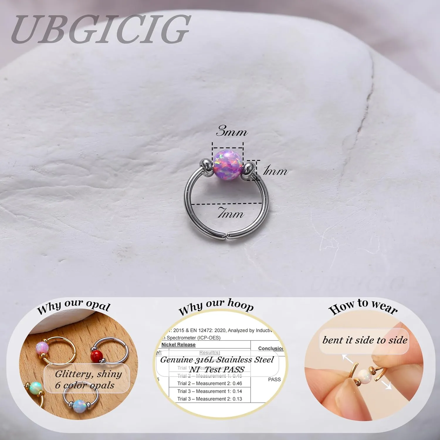 UBGICIG Opal Thin Nose Rings Hoops - 24G/20G 316L Surgical Steel Nose Piercing Jewelry Pink/Blue/White/Red/Purple 7mm Silver/Gold