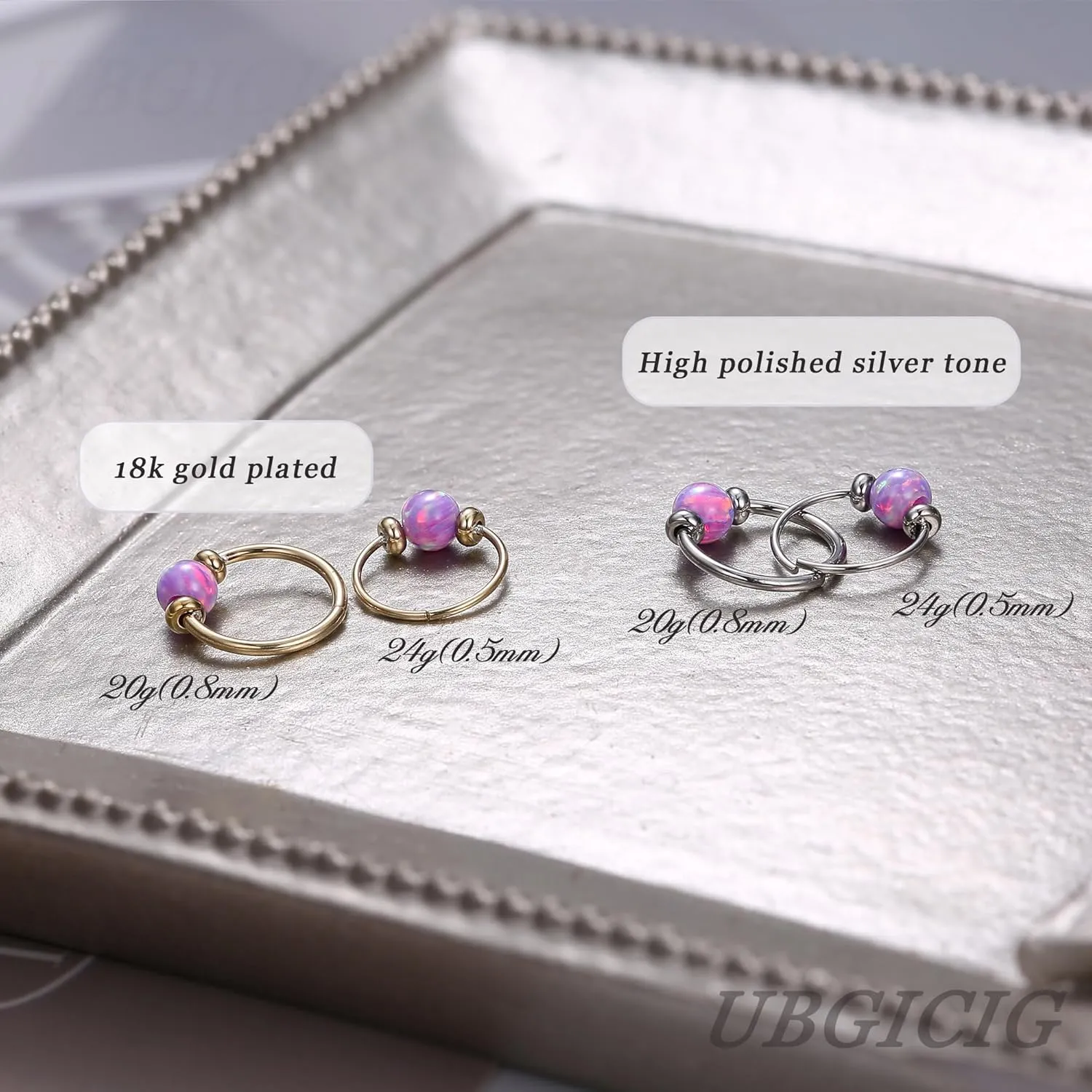 UBGICIG Opal Thin Nose Rings Hoops - 24G/20G 316L Surgical Steel Nose Piercing Jewelry Pink/Blue/White/Red/Purple 7mm Silver/Gold