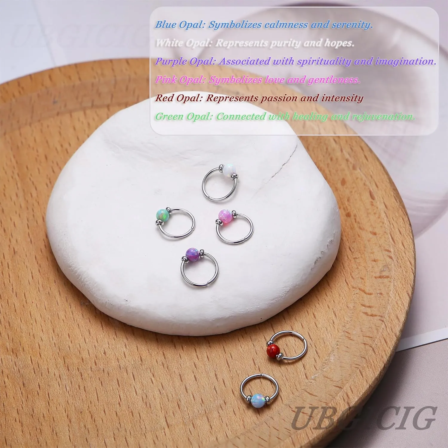 UBGICIG Opal Thin Nose Rings Hoops - 24G/20G 316L Surgical Steel Nose Piercing Jewelry Pink/Blue/White/Red/Purple 7mm Silver/Gold