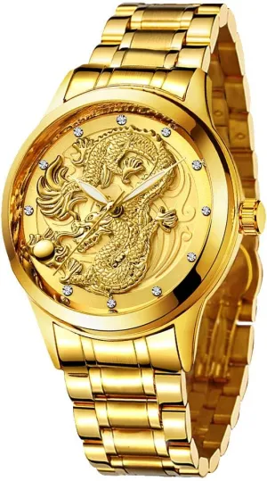 Udaney Mens Gold Dragon Watches Quartz Wristwatch for Father Husband Son with Dragon Necklace