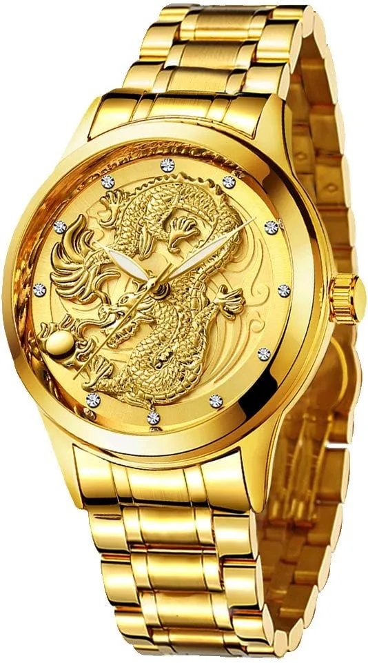Udaney Mens Gold Dragon Watches Quartz Wristwatch for Father Husband Son with Dragon Necklace