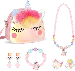 Unicorn Purse with Jewelry Set Little Girls, Unicorn Necklace Rings Bracelet Earrings Handbag Accessories, Princess Dress Up Jewelry Set Party Favors Gift