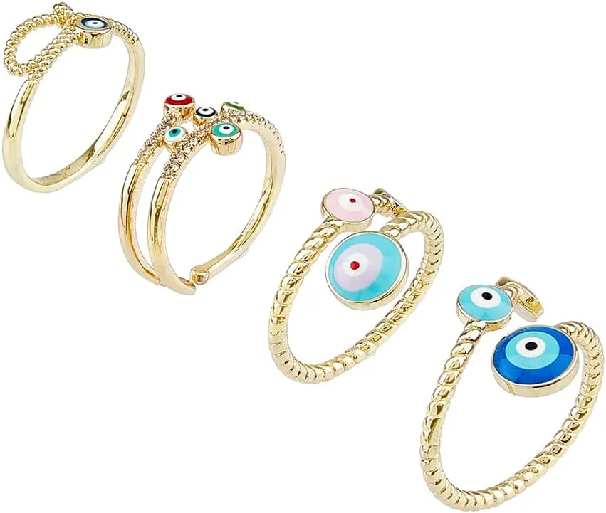 UNICRAFTALE 4Pcs Evil Eye Rings Enamel Evil Eye Open Cuff Rings Open Ring Rhinestone Rings Set Stackable Rings Hamsa Hand Ring Faith Protection Ring for Woman