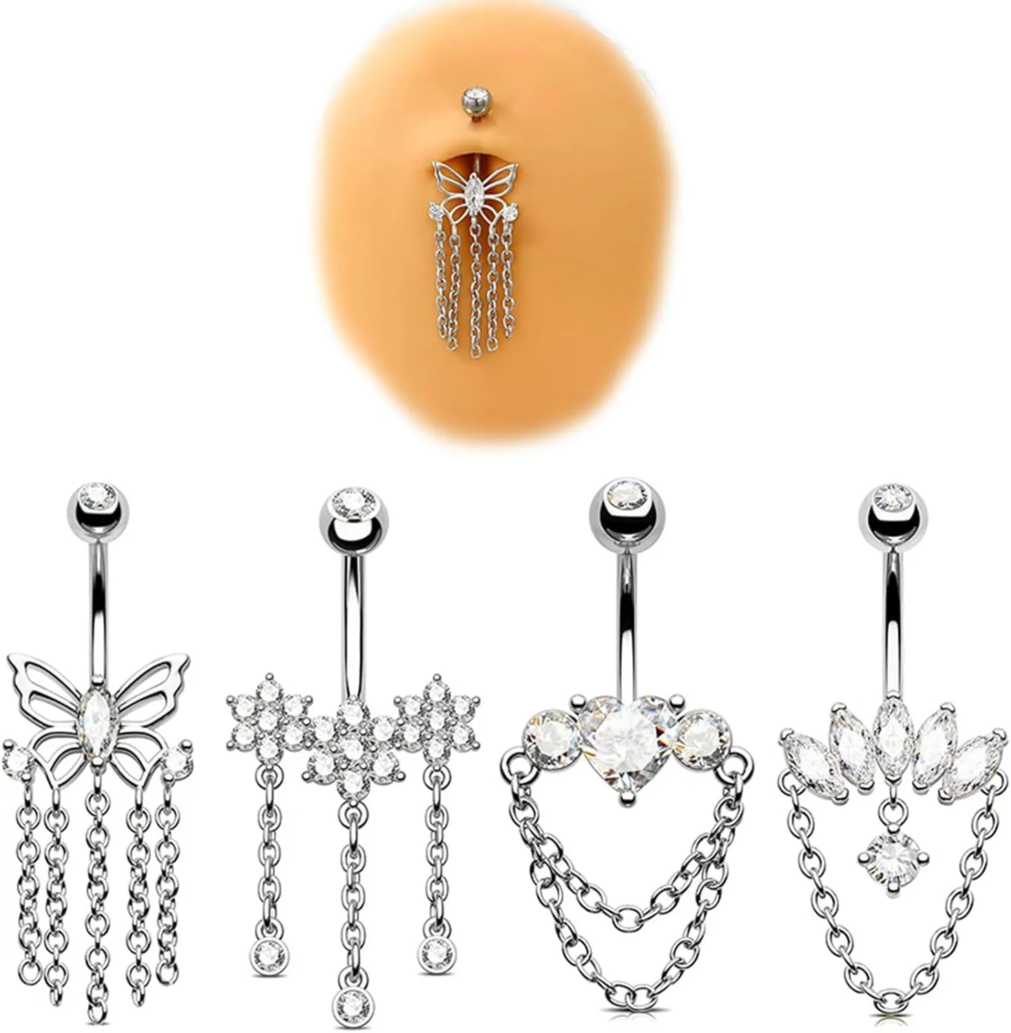 Versatile Stain Steel Heart Butterfly Belly Button Rings for Women Zircon Navel Ring Sexy Body Piercing Jewelry Gifts