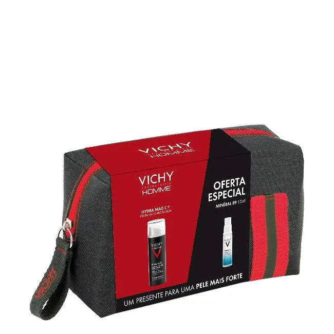 Vichy Promo Pack: Vichy Homme Hydra Mag C  50ml   Vichy Minéral 89 Fortifying and Plumping Daily Booster 10ml   Purse