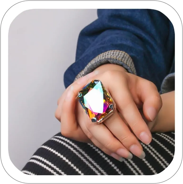 Vintage Large Crystal Rectangle Ring Silver Stretch Cocktail Big Rhinestone Statement Ring for Women Costume Jewelry
