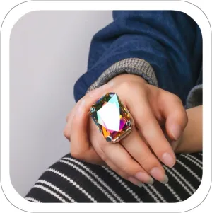 Vintage Large Crystal Rectangle Ring Silver Stretch Cocktail Big Rhinestone Statement Ring for Women Costume Jewelry