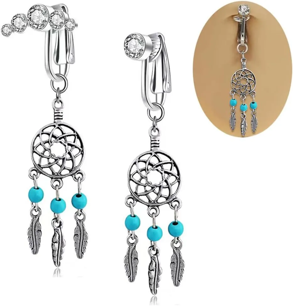 Vintage Tassel Dangle Fake Belly Button Rings Folk Art Non Piercing Clip On Belly Navel Rings Bohemia Fake Belly Piercing Jewelry for Women Girls
