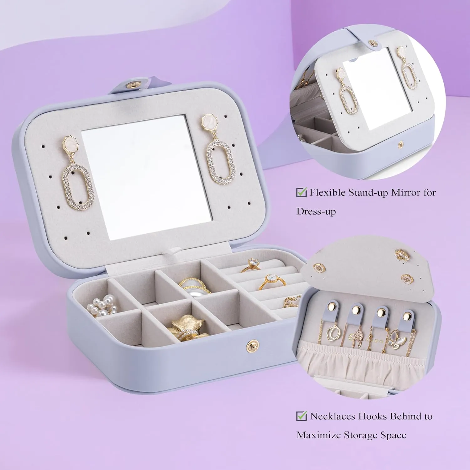 Vlando Small Travel Jewelry Box Organizer - Mirrored Jewelries Necklaces Rings Earrings Necklace Storage Case for Girls Women Vacation, Purple