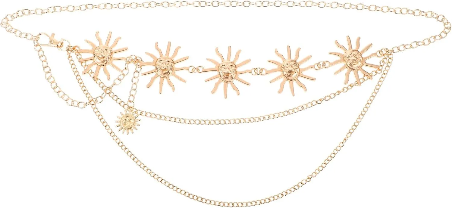 Waist Chain Belt Multilayer Gold Sun Moon Chain Belt Fashion Metal Waist Chains Bikini Hollow Out Waists Chains Adjustable Dress Body Belly Pendant for Women Dresses Jeans Trousers Jewelry Accessories
