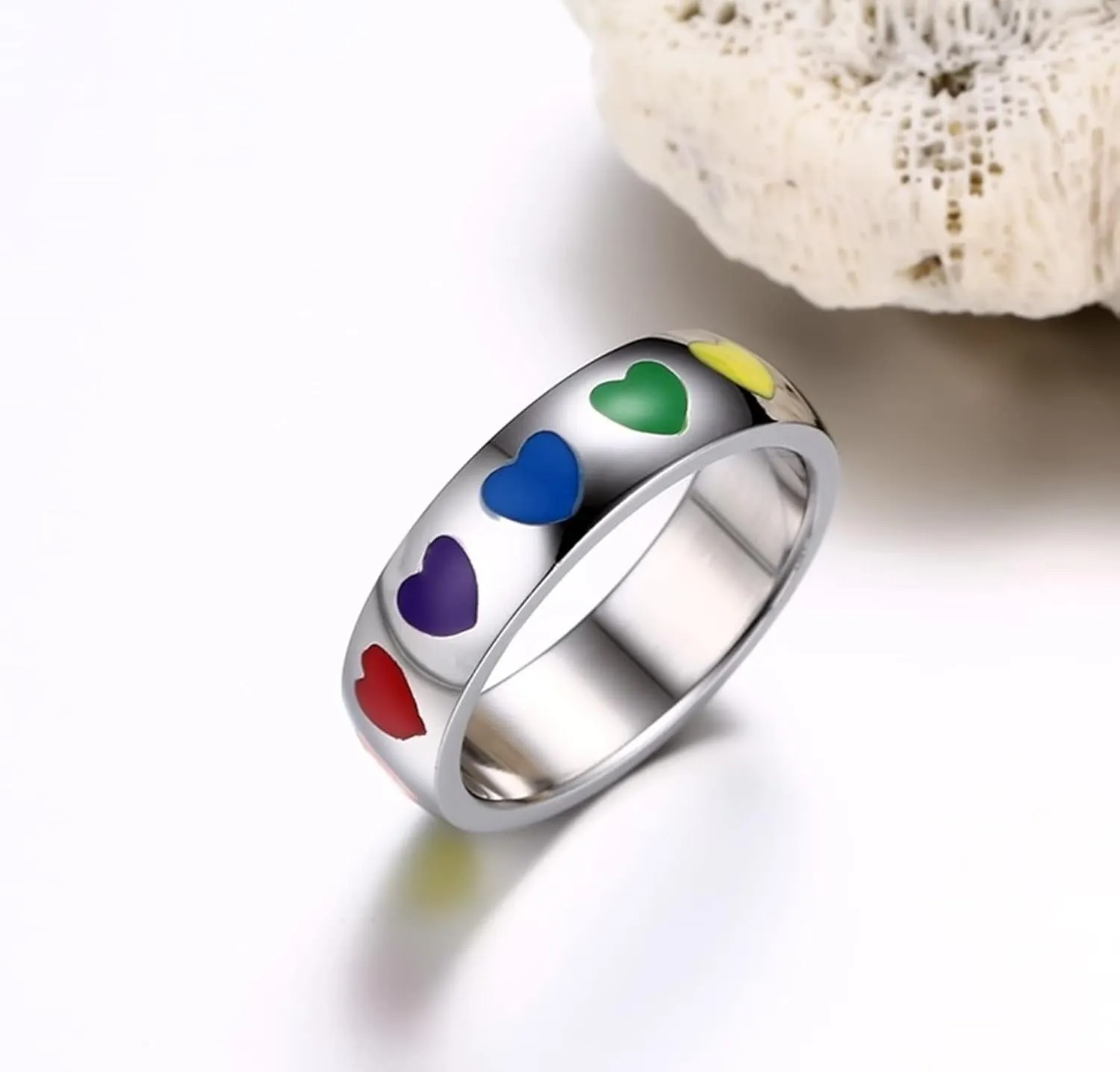 Wedding Rings Silver Ring Colorful Heart Rainbow, Stainless Steel Couple Rings