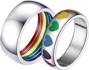 Wedding Rings Silver Ring Colorful Heart Rainbow, Stainless Steel Couple Rings