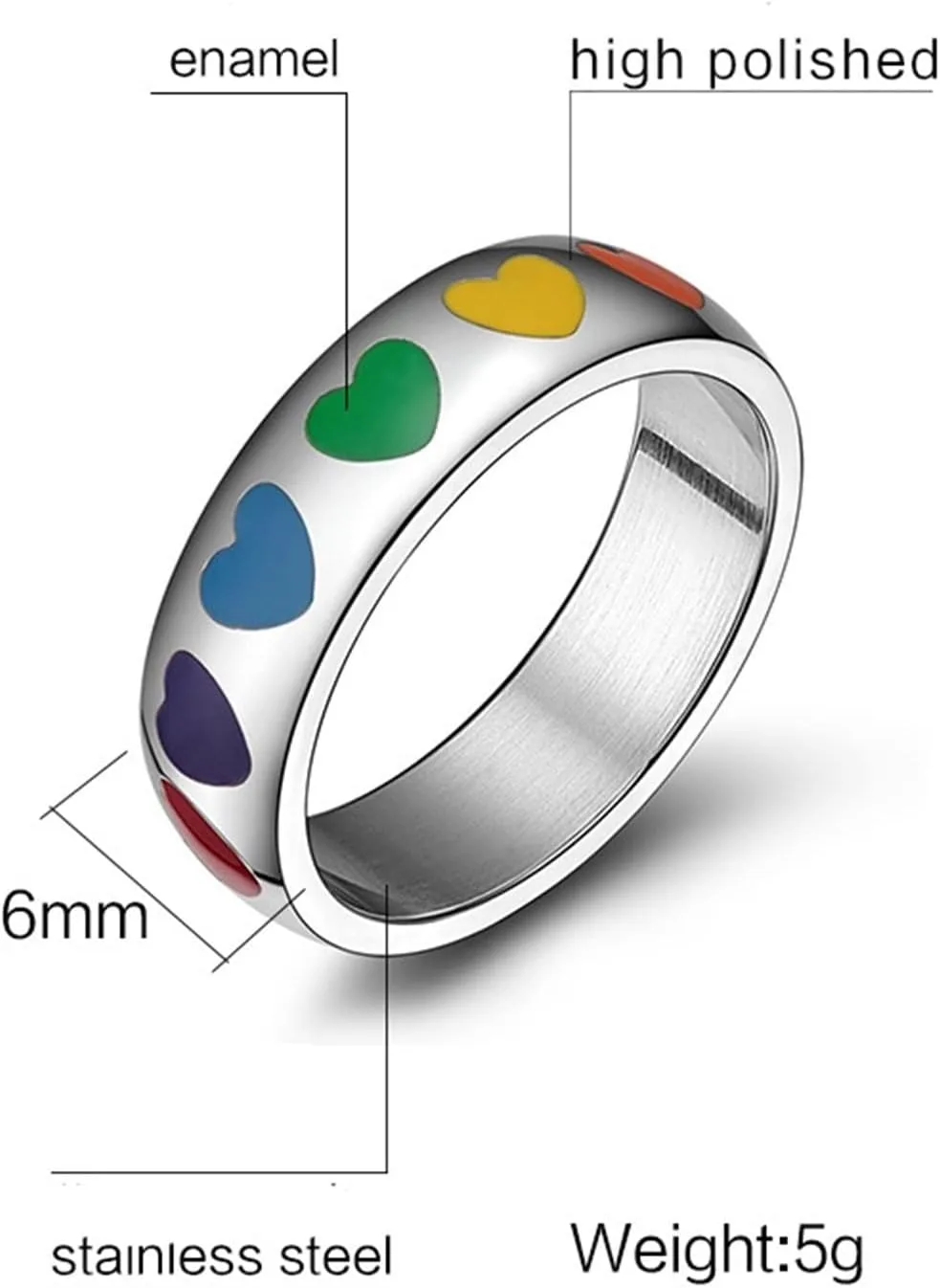 Wedding Rings Silver Ring Colorful Heart Rainbow, Stainless Steel Couple Rings