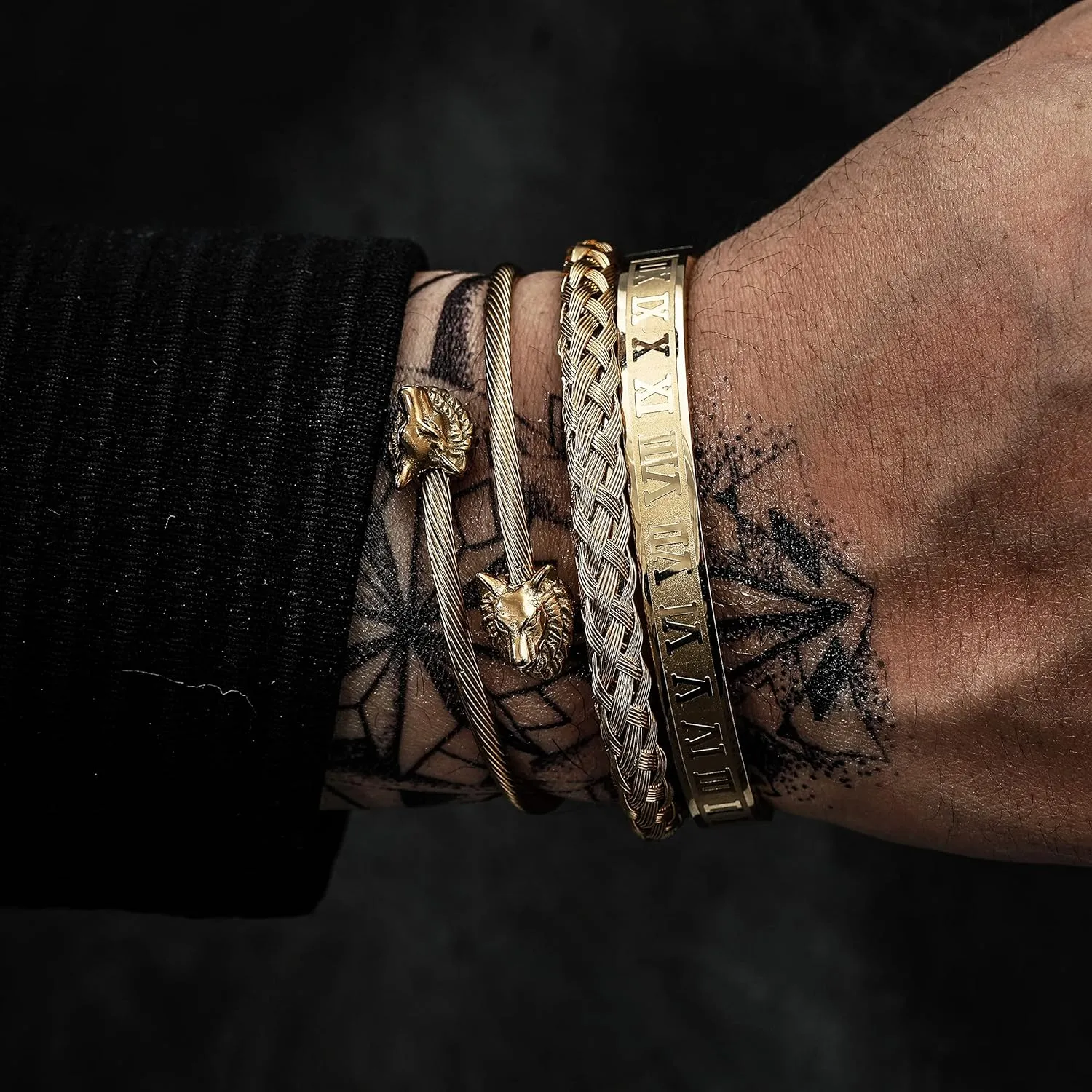 WFYOU 3PCS Stainless Steel Bracelets for Men Gold Roman Numeral Bangle Bracelet Twisted Cable Bracelet Adjustable Cuff Bracelet Mens Luxury Jewelry Bracelets Gifts