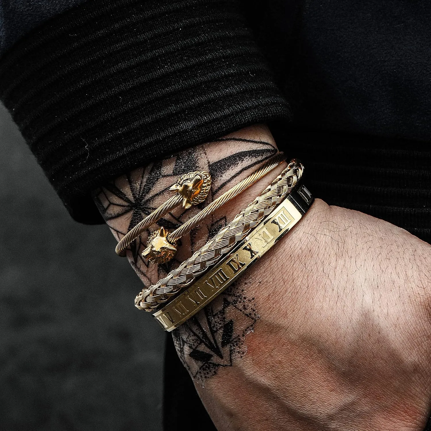 WFYOU 3PCS Stainless Steel Bracelets for Men Gold Roman Numeral Bangle Bracelet Twisted Cable Bracelet Adjustable Cuff Bracelet Mens Luxury Jewelry Bracelets Gifts