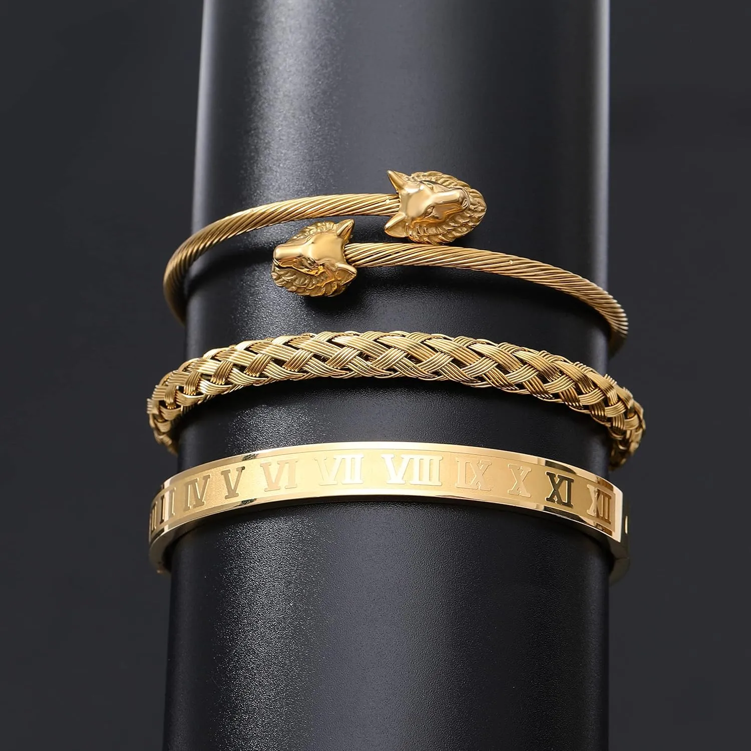 WFYOU 3PCS Stainless Steel Bracelets for Men Gold Roman Numeral Bangle Bracelet Twisted Cable Bracelet Adjustable Cuff Bracelet Mens Luxury Jewelry Bracelets Gifts