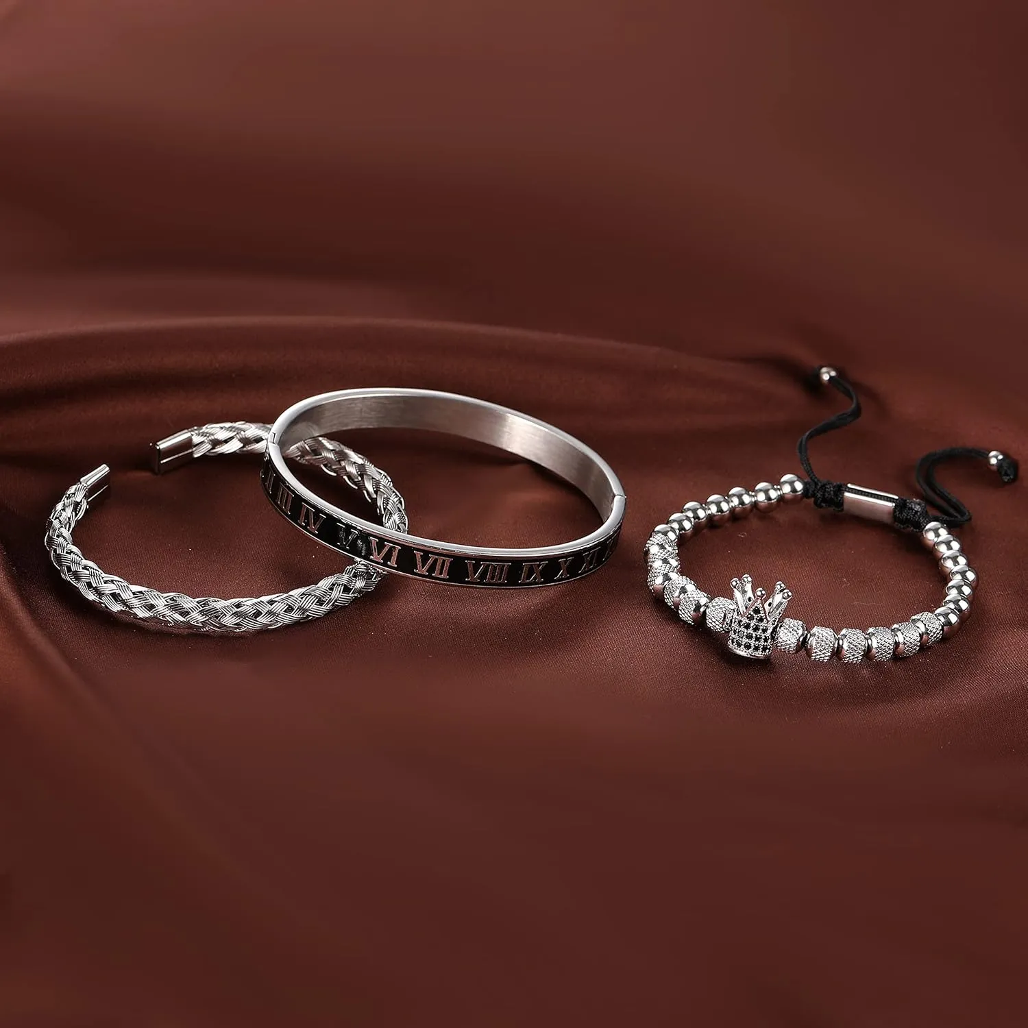 WFYOU 3PCS Stainless Steel Imperial Crown Bracelets for Men Gold Roman Numeral Bangle Bracelet Adjustable Cuff Bracelet Mens Luxury Jewelry Gifts