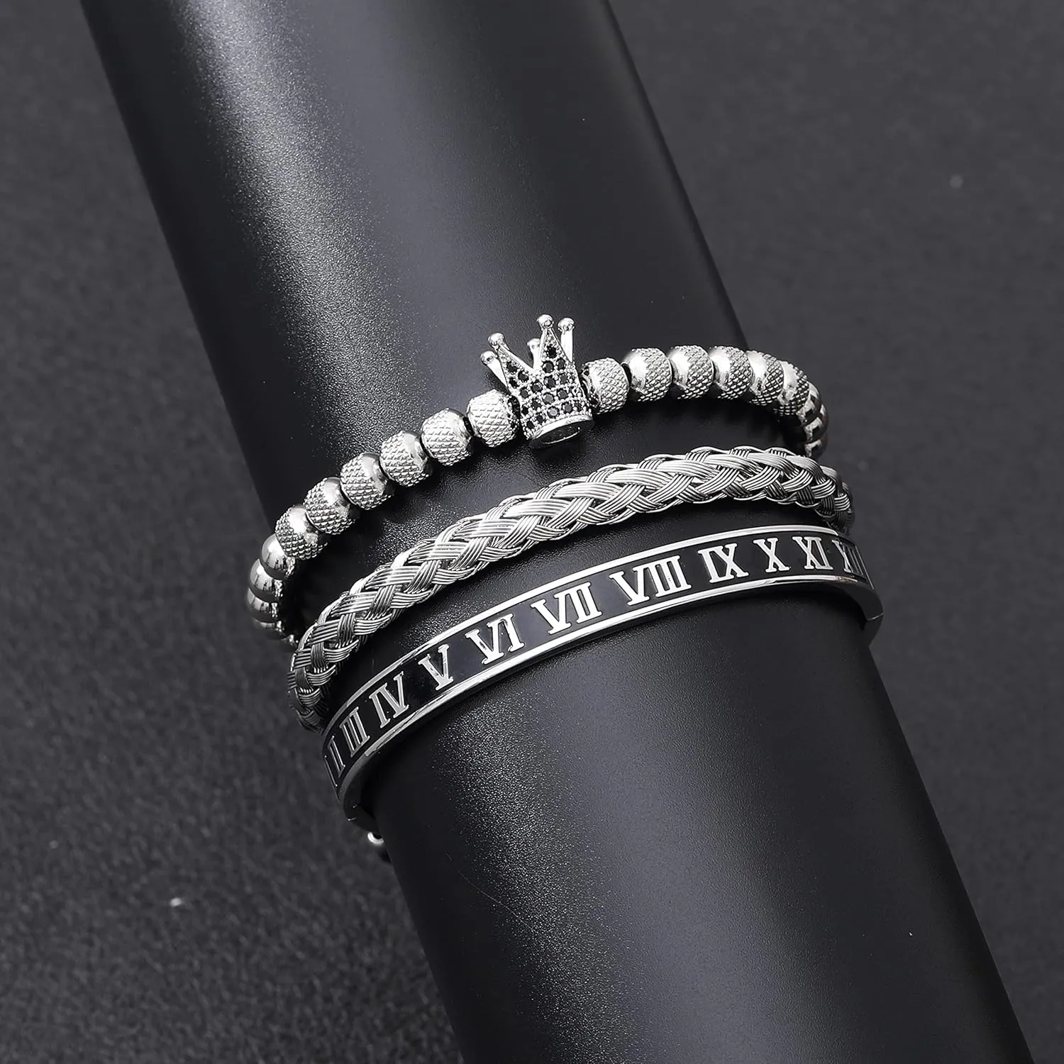 WFYOU 3PCS Stainless Steel Imperial Crown Bracelets for Men Gold Roman Numeral Bangle Bracelet Adjustable Cuff Bracelet Mens Luxury Jewelry Gifts