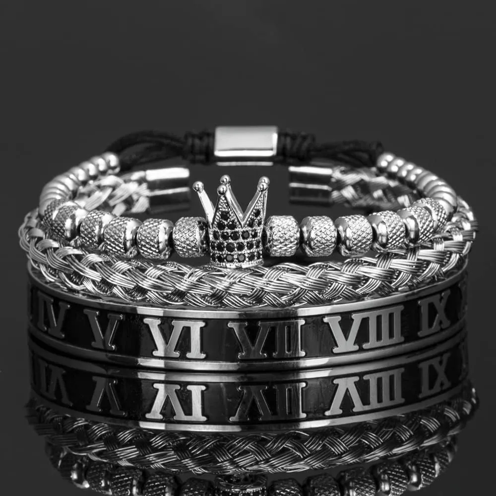 WFYOU 3PCS Stainless Steel Imperial Crown Bracelets for Men Gold Roman Numeral Bangle Bracelet Adjustable Cuff Bracelet Mens Luxury Jewelry Gifts