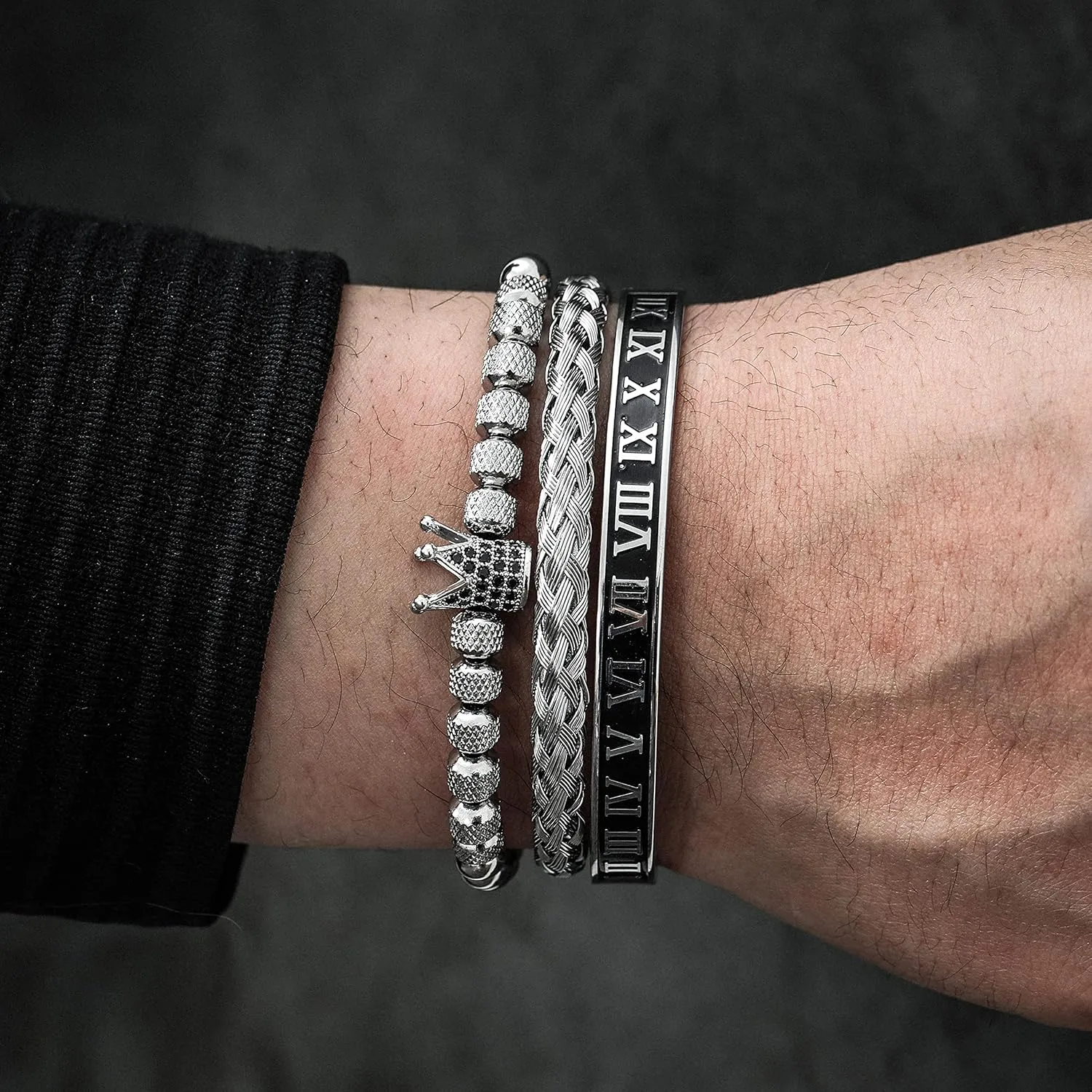 WFYOU 3PCS Stainless Steel Imperial Crown Bracelets for Men Gold Roman Numeral Bangle Bracelet Adjustable Cuff Bracelet Mens Luxury Jewelry Gifts