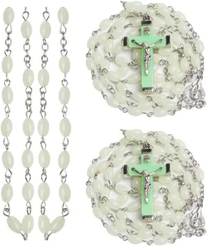 Wixine 2Pcs Luminous Christian Catholic Cross Rosary Necklace Glowing Light in Dark Beaded Rosary Necklaces for Men Women Christians