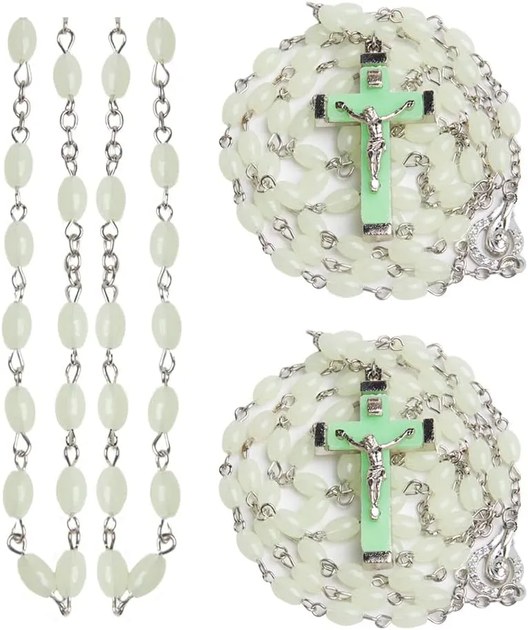 Wixine 2Pcs Luminous Christian Catholic Cross Rosary Necklace Glowing Light in Dark Beaded Rosary Necklaces for Men Women Christians