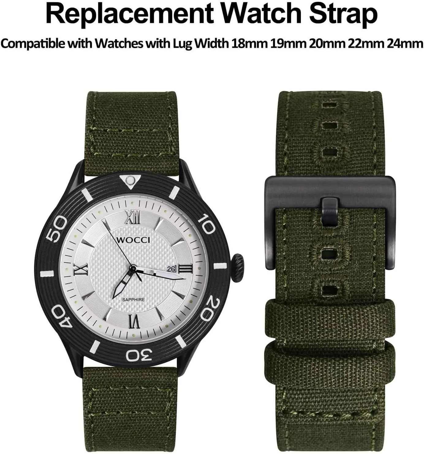 WOCCI Watch Bands, Sailcloth Canvas Fabric, Quick Release, Compatible Watch Lug Width 18mm 19mm 20mm 22mm 24mm