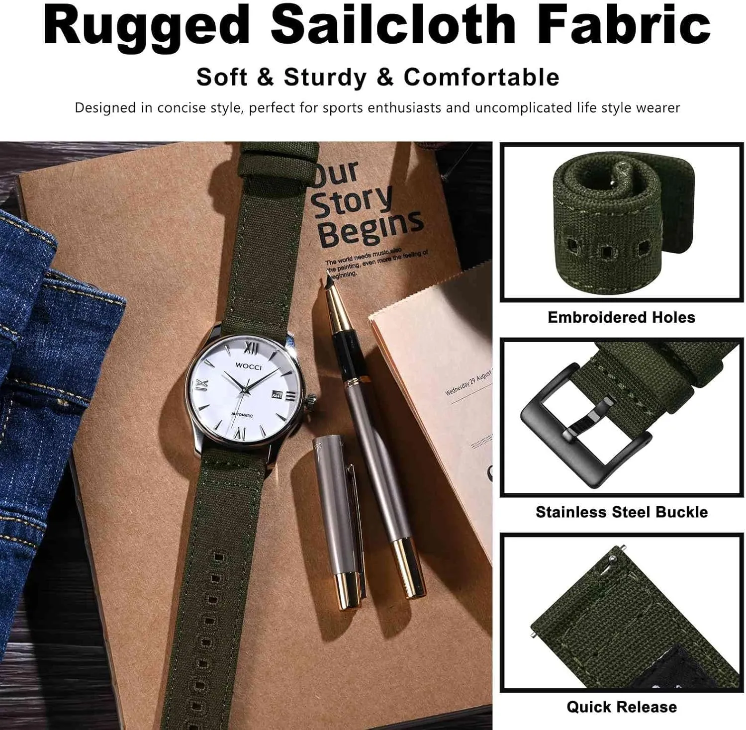 WOCCI Watch Bands, Sailcloth Canvas Fabric, Quick Release, Compatible Watch Lug Width 18mm 19mm 20mm 22mm 24mm