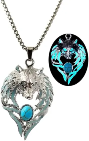 Wolf Necklace for Women Men Luminous Wolf Head Pendant Necklace Viking Wolf Stuff Gift Halloween Glow in the Dark Jewelry