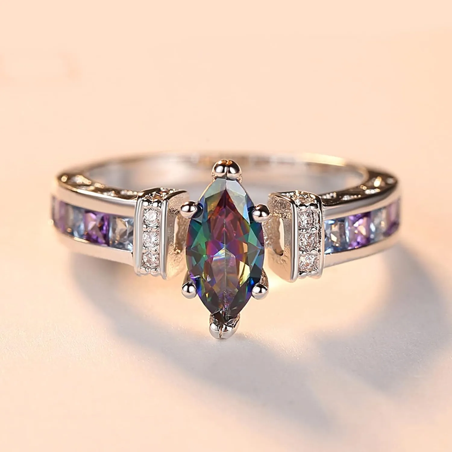 Women's Engagement Rings Fashion Jewelry 925 Sterling Silver Plated Simulated Rainbow Topaz Marquise Cut Ring