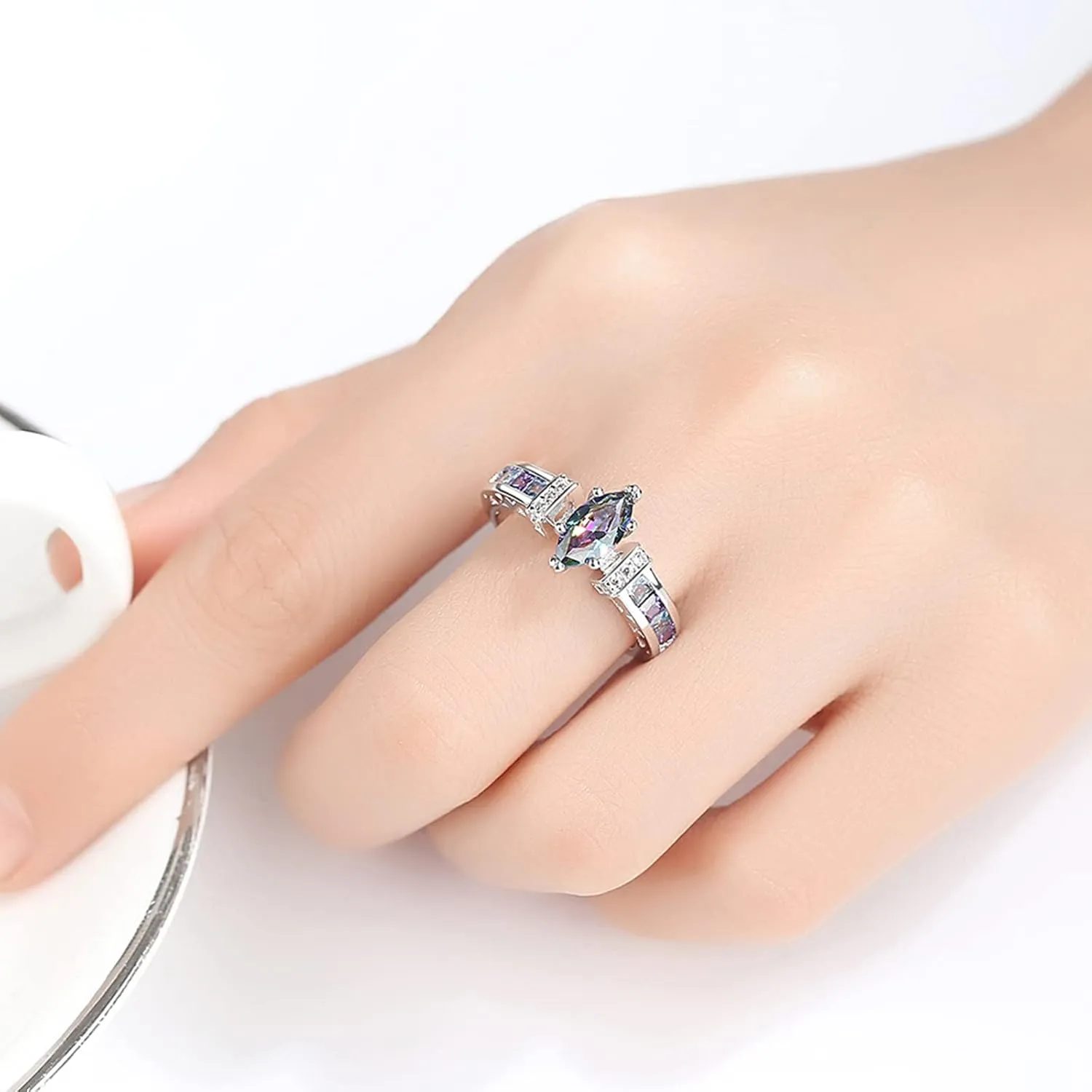 Women's Engagement Rings Fashion Jewelry 925 Sterling Silver Plated Simulated Rainbow Topaz Marquise Cut Ring