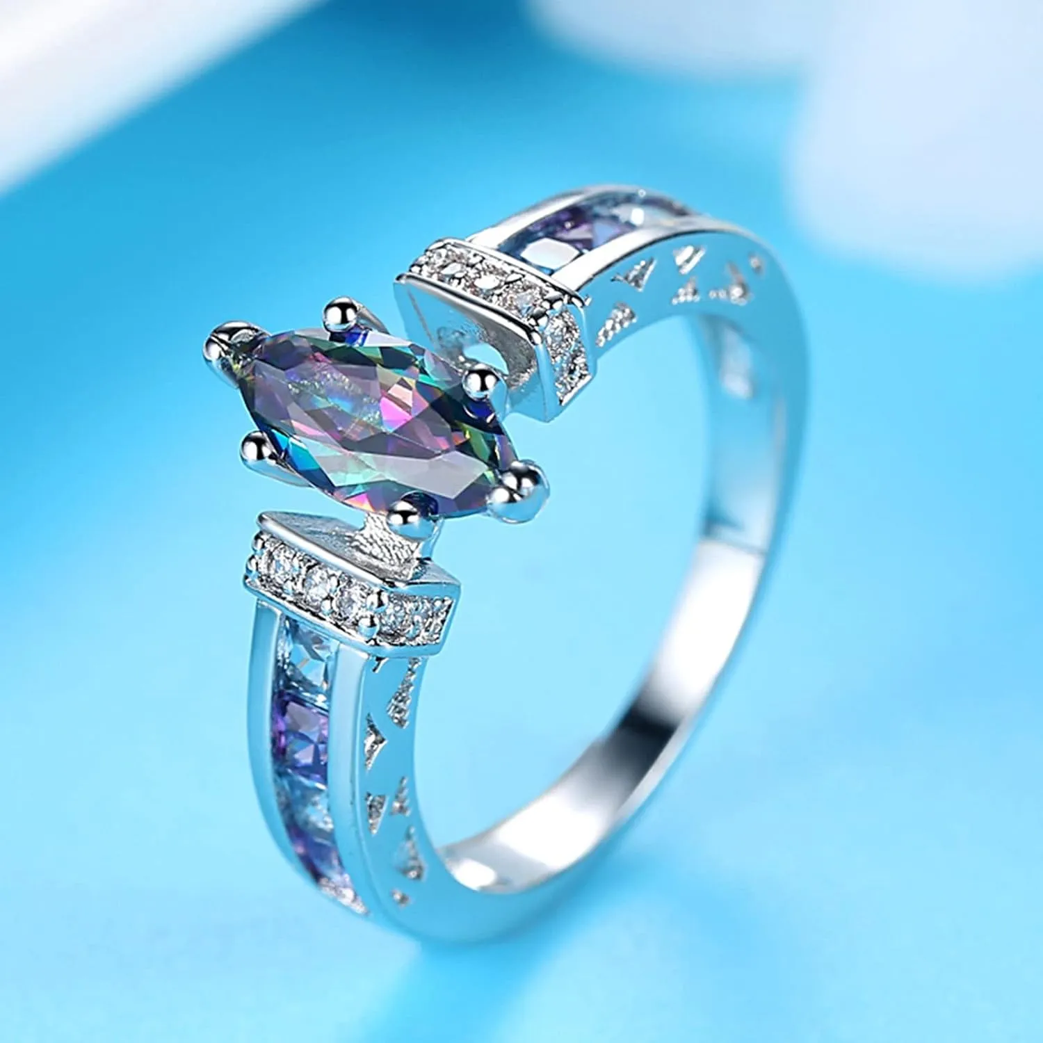 Women's Engagement Rings Fashion Jewelry 925 Sterling Silver Plated Simulated Rainbow Topaz Marquise Cut Ring