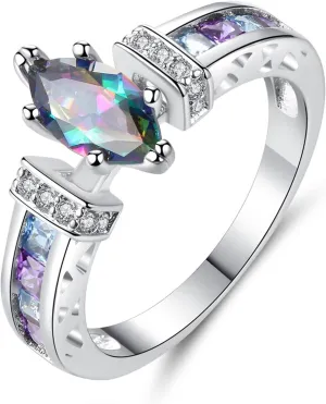 Women's Engagement Rings Fashion Jewelry 925 Sterling Silver Plated Simulated Rainbow Topaz Marquise Cut Ring