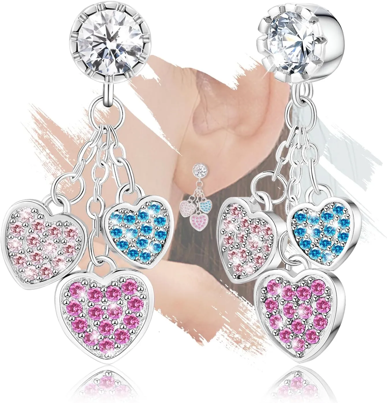 Womens Sterling Silver Heart-Shaped Stud Earrings Hypoallergenic Sparkling Colorful Cubic Zirconia Stud Earrings