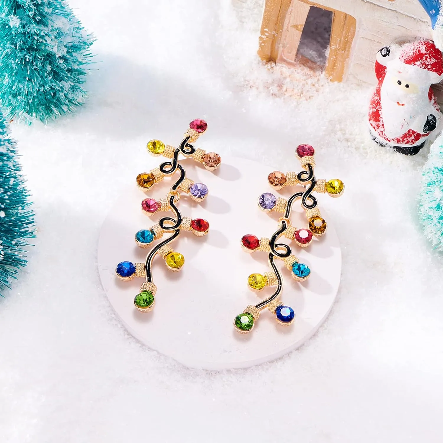 WOWORAMA Colorful Christmas Earrings for Women Crystal Christmas Light Bulb Earrings Cute Green Christmas Tree Tassel Earrings Jewelry
