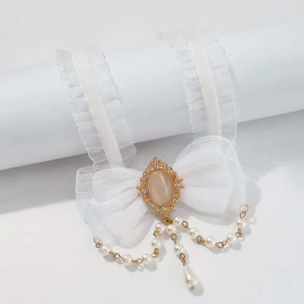 Xerling Sexy Bow Tie Lace Choker Necklace for Women with Crystal Pendants Gothic Lolita Bowknot Collar Necklaces Boho Pearls Beaded Necklace (White)
