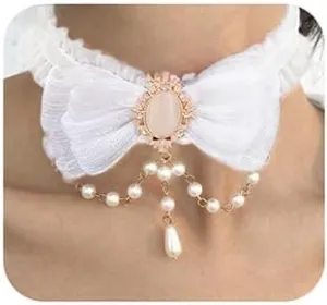 Xerling Sexy Bow Tie Lace Choker Necklace for Women with Crystal Pendants Gothic Lolita Bowknot Collar Necklaces Boho Pearls Beaded Necklace (White)