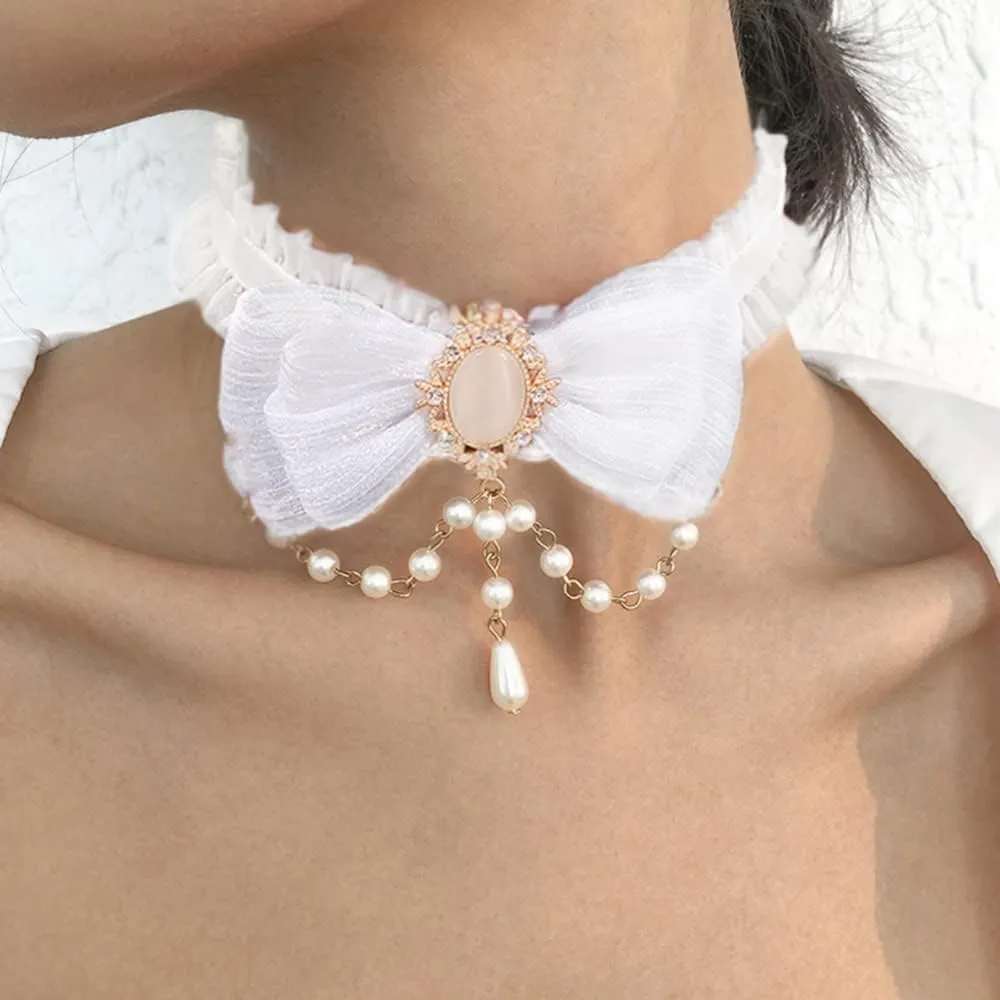 Xerling Sexy Bow Tie Lace Choker Necklace for Women with Crystal Pendants Gothic Lolita Bowknot Collar Necklaces Boho Pearls Beaded Necklace (White)
