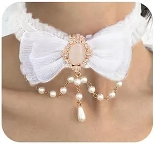 Xerling Sexy Bow Tie Lace Choker Necklace for Women with Crystal Pendants Gothic Lolita Bowknot Collar Necklaces Boho Pearls Beaded Necklace (White)