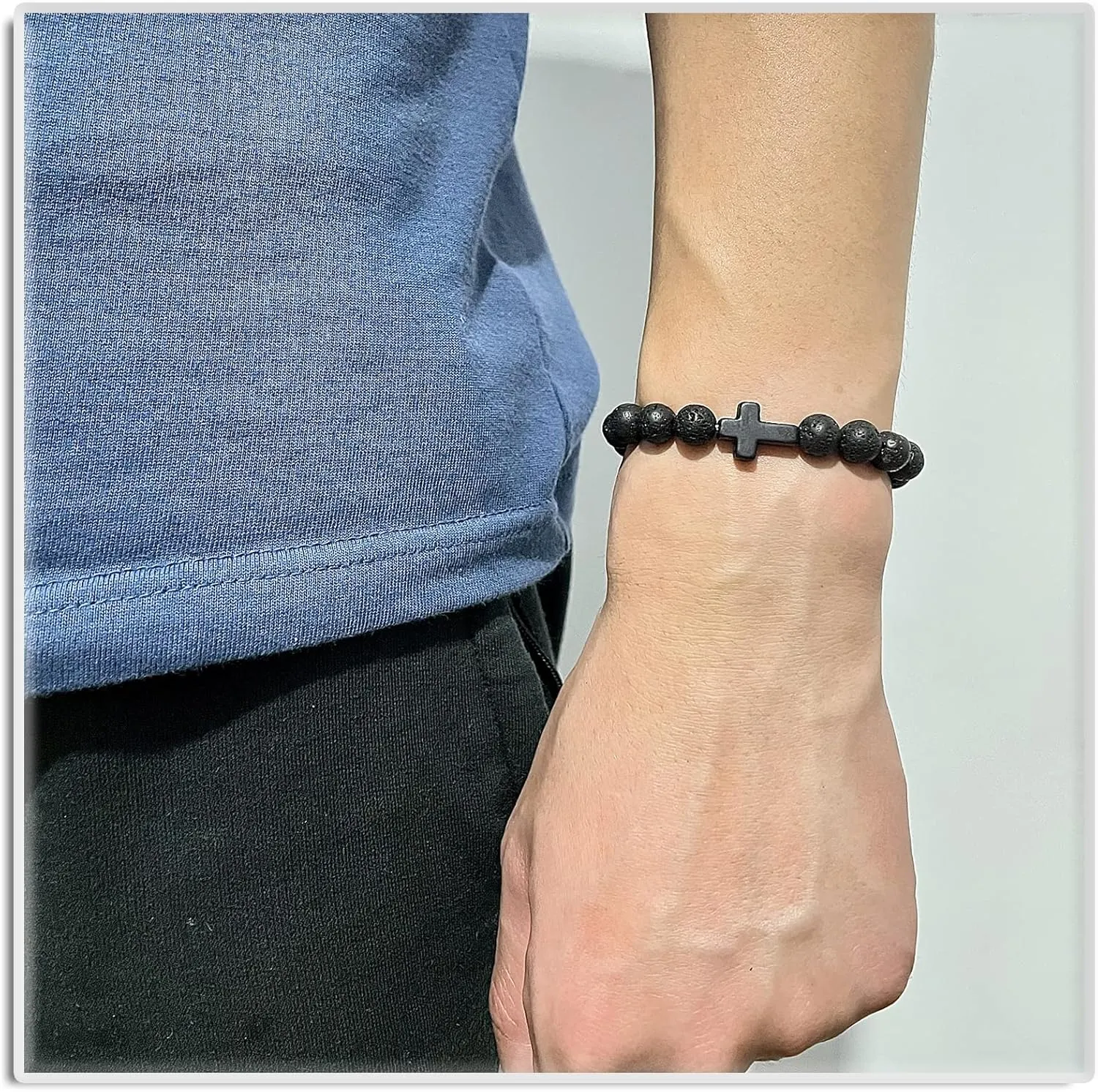 Xusamss Cross Bead Bracelet 8MM Lava Rock Turquoise Tiger Eye Onyx Stone Bracelet,7 1/2 Wrist