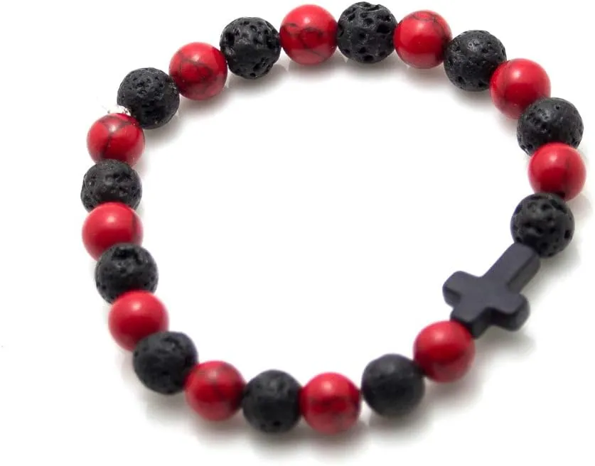 Xusamss Cross Bead Bracelet 8MM Lava Rock Turquoise Tiger Eye Onyx Stone Bracelet,7 1/2 Wrist